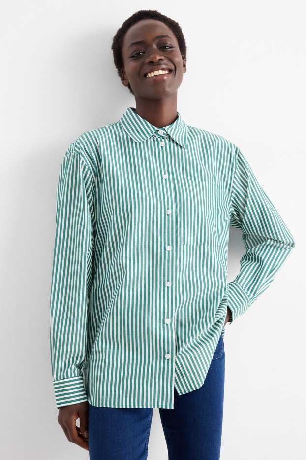 Damen - Bluse - gestreift - grün / cremeweiss