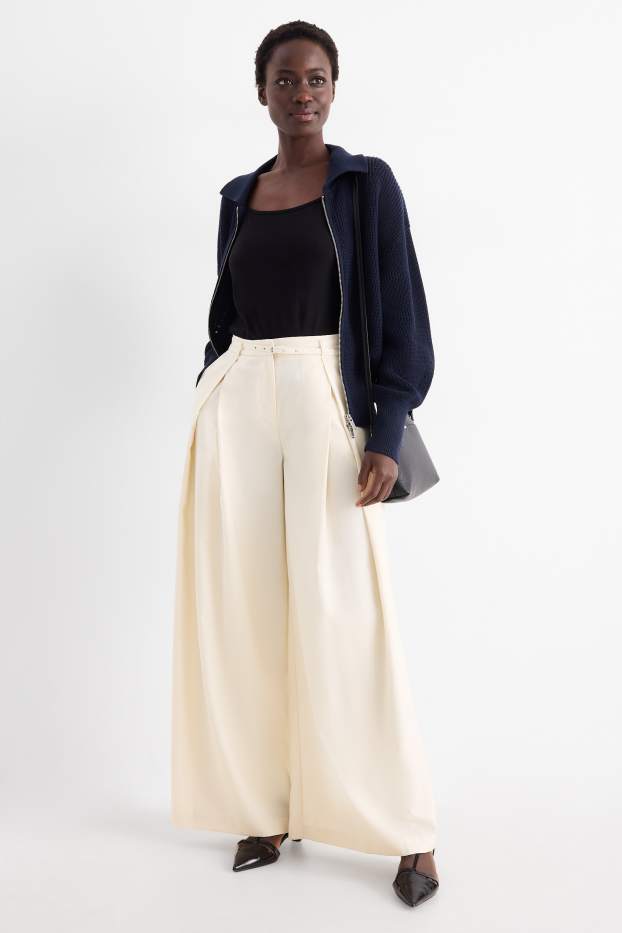 Femmes - Pantalon en toile avec ceinture - high waist - wide leg - beige clair