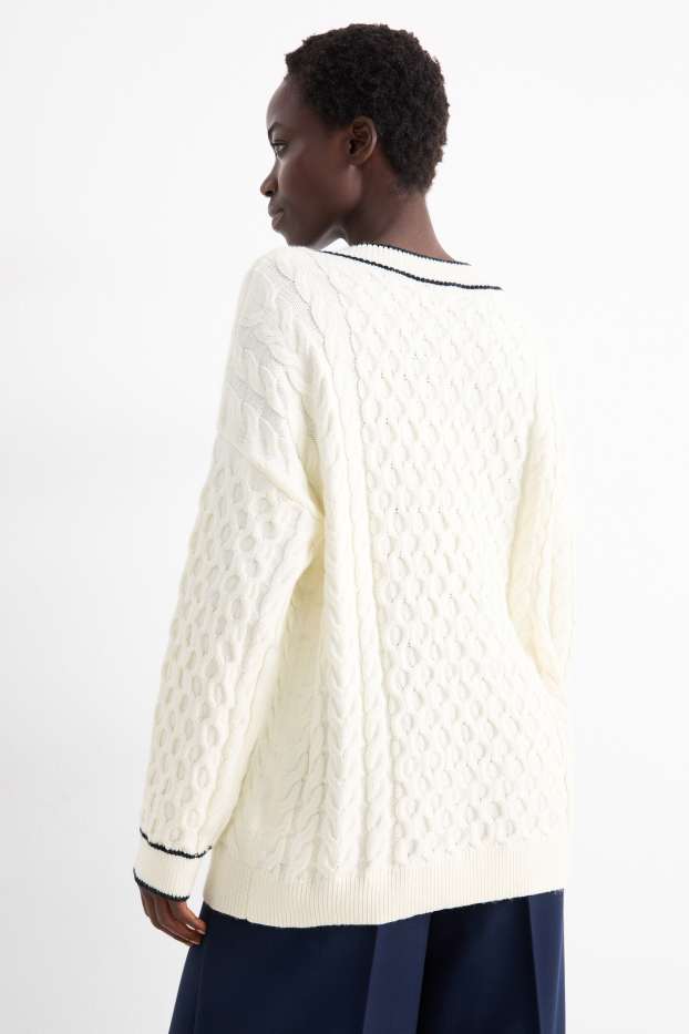 Donna - Maglione scollo a V - motivo treccia - bianco crema