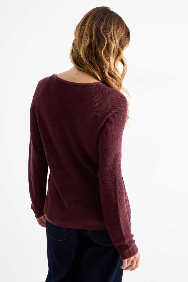 Femmes - Pull avec encolure en V - effet brillant - bordeaux