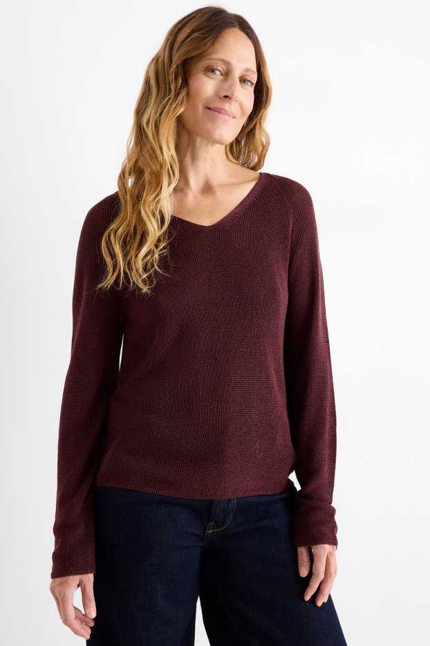 Femmes - Pull avec encolure en V - effet brillant - bordeaux