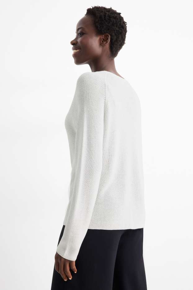 Femmes - Pull avec encolure en V - effet brillant - blanc pur