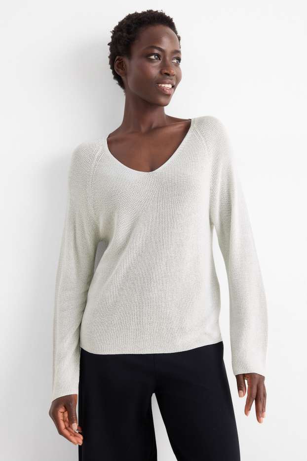 Femmes - Pull avec encolure en V - effet brillant - blanc pur
