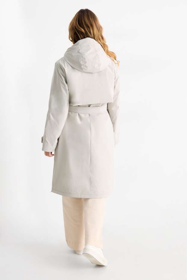 Women - Coat with hood and belt - lined - water-repellent - light gray