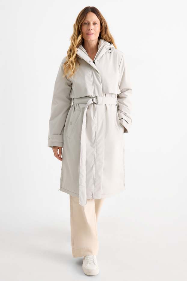 Women - Coat with hood and belt - lined - water-repellent - light gray