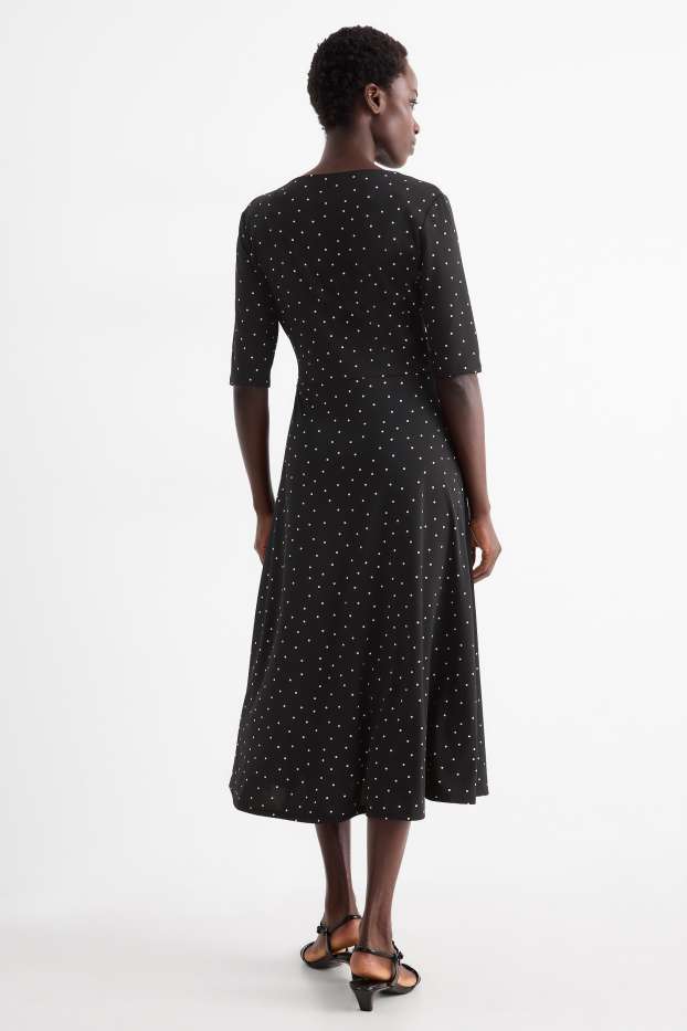Damen - Kleid mit V-Ausschnitt - Straight Fit - gepunktet - schwarz