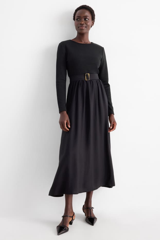 Dames - Fit & flare-jurk met ceintuur - zwart