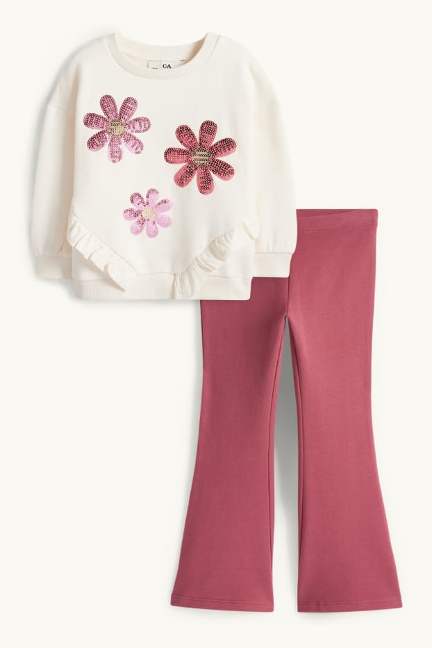 Kinder Mädchen - Blume - Set - Sweatshirt und Flared Leggings - 2 teilig - weiss / rosa