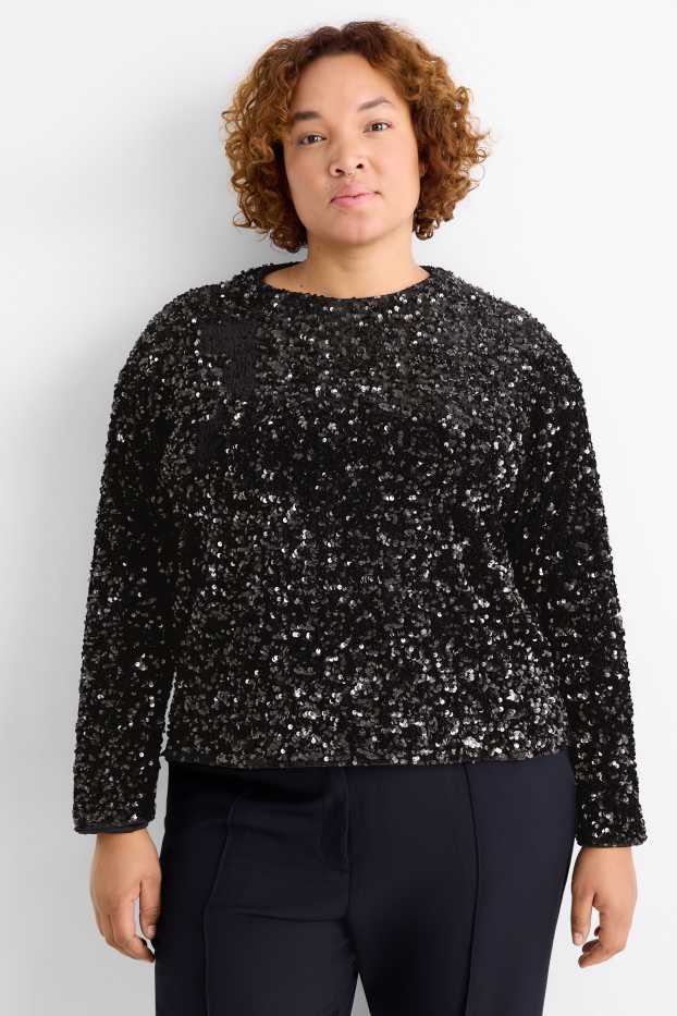 Damen - Pailletten-Langarmshirt - Regular Fit - schwarz