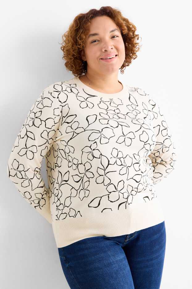 Dames - Trui - gebloemd - zwart / beige