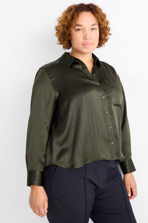 Femmes - Chemisier en satin - fines rayures - vert foncé