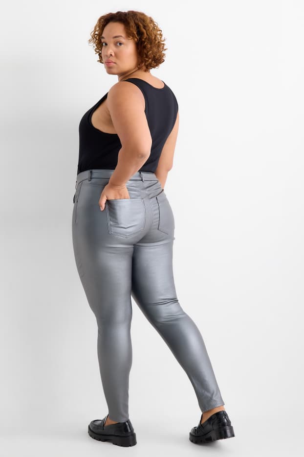 Femei - Pantaloni de stofă - talie înaltă - skinny fit - imitație de piele - argintiu