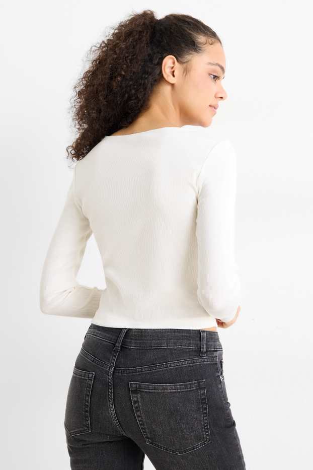 Damen - Crop Langarmshirt - Slim Fit - gerippt - cremeweiss