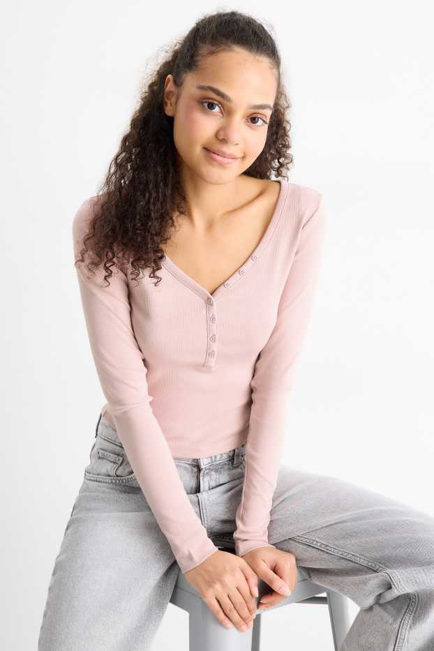 Femmes - Haut court henley - slim fit - côtelé - rose