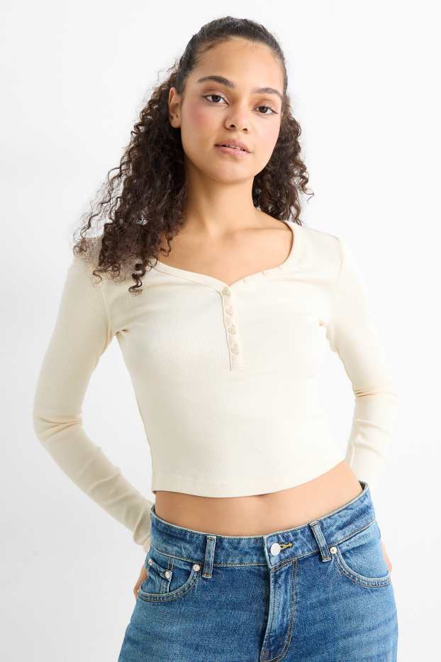 Damen - Crop Henley-Shirt - Slim Fit - gerippt - cremeweiß