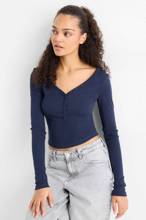 Damen - Crop Henley-Shirt - Slim Fit - gerippt - dunkelblau
