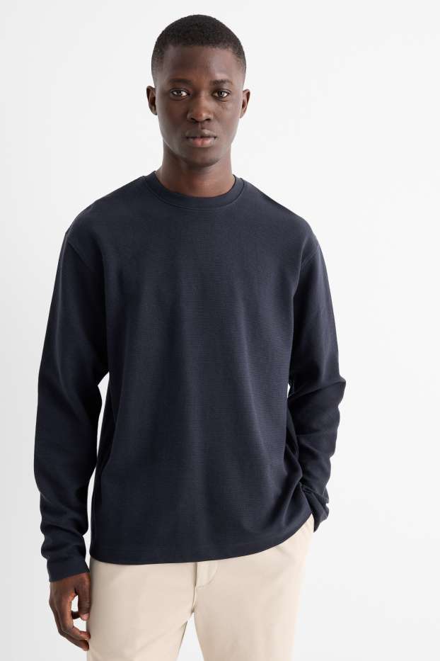 Herren - Langarmshirt - Relaxed Fit - gerippt - dunkelblau