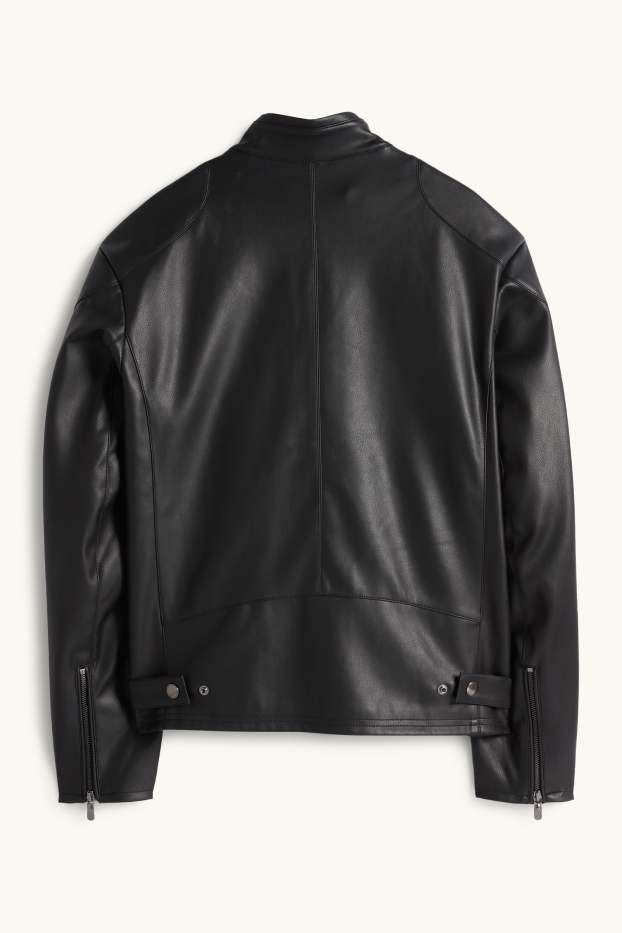 Pánské - Motorkářská bunda - imitace kůže - černá