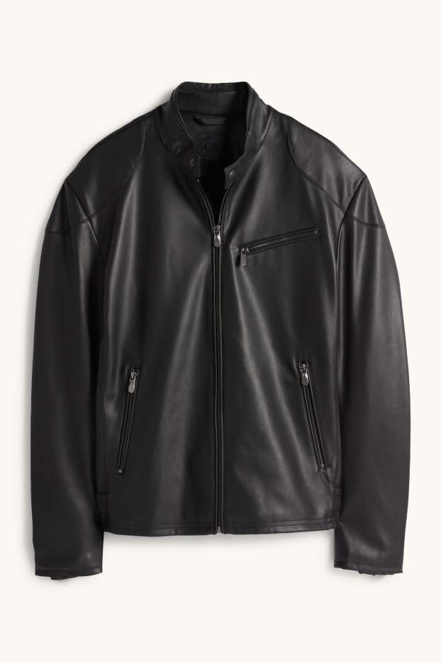 Pánské - Motorkářská bunda - imitace kůže - černá