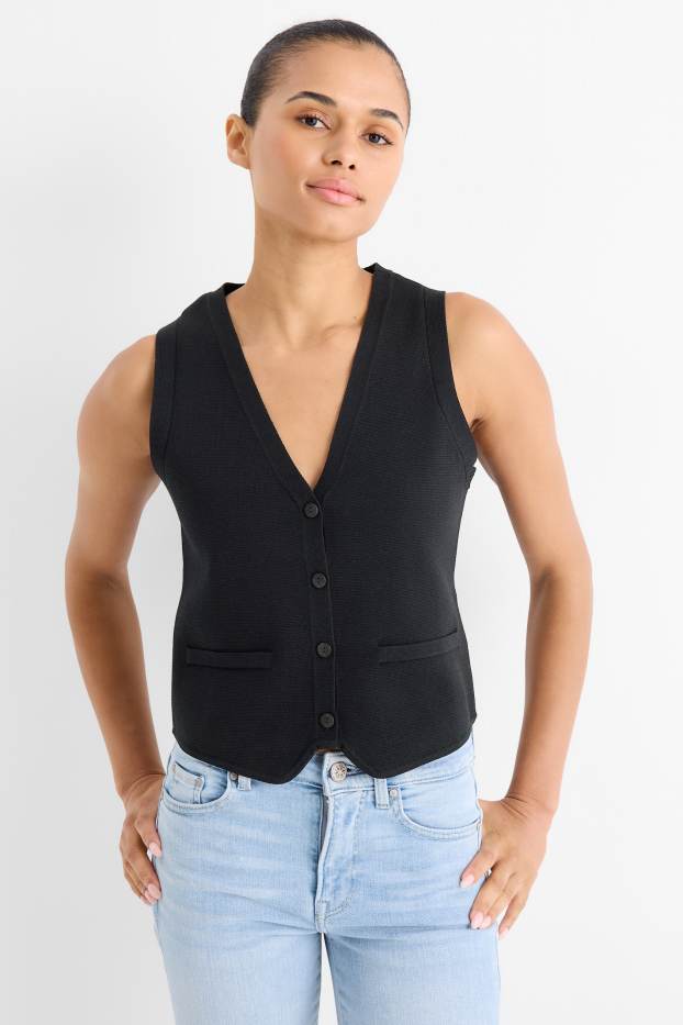 Femmes - Gilet de maille - côtelé - noir
