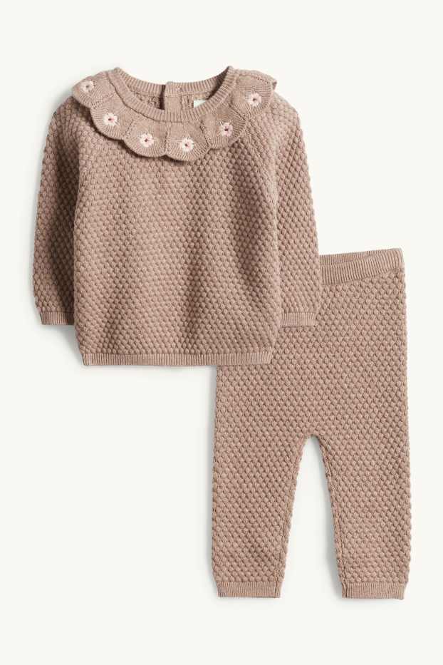 Baby Mädchen - Blümchen - Baby-Crochet-Outfit - 2 teilig - strukturiert - hellbraun