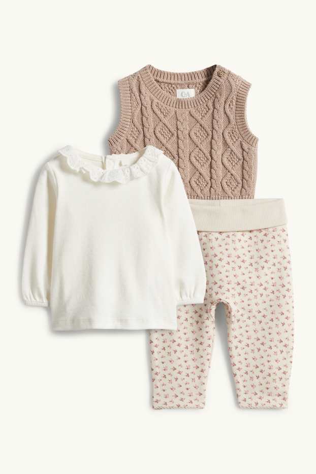 Baby Mädchen - Blümchen - Baby-Outfit - 3 teilig - weiss / beige