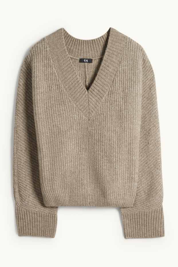Donna - Maglione con scollo a V - a coste - beige