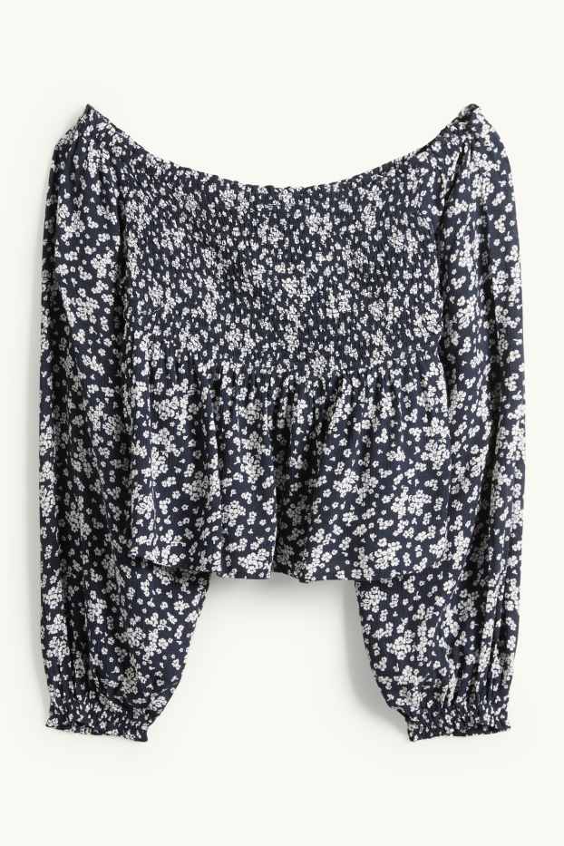 Donna - Blusa corta - arricciata - blu scuro / bianco