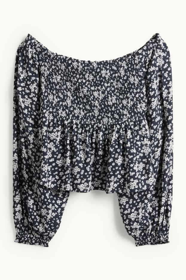 Donna - Blusa corta - arricciata - blu scuro / bianco