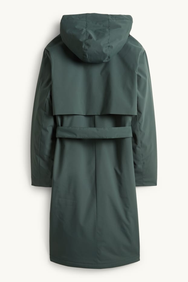 Women - Coat with hood and belt - lined - water-repellent - dark green