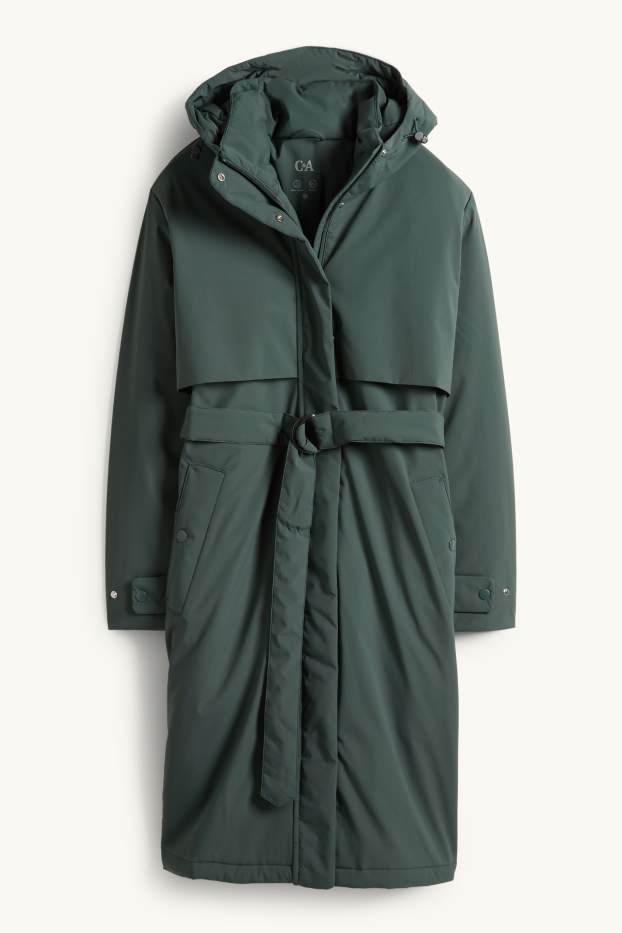 Women - Coat with hood and belt - lined - water-repellent - dark green