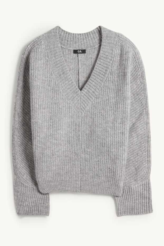 Damen - Pullover mit V-Ausschnitt - gerippt - hellgrau-melange