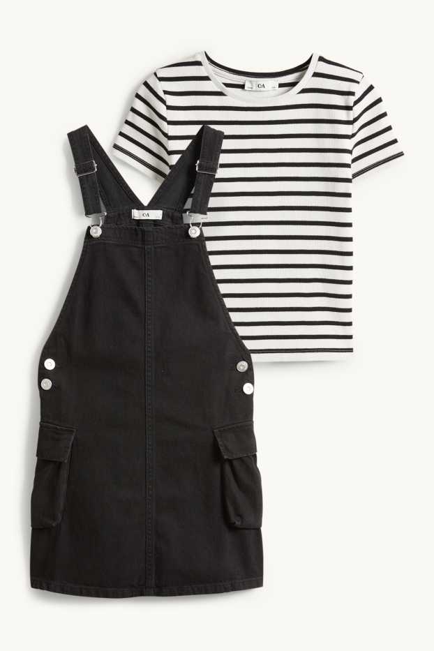 Kinderen: meisjes - Set - T-shirt en denim overgooier - 2 delig - zwart / wit