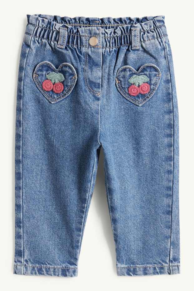 Baby: meisjes - Kers - babyspijkerbroek met gehaakte applicaties - jeansblauw