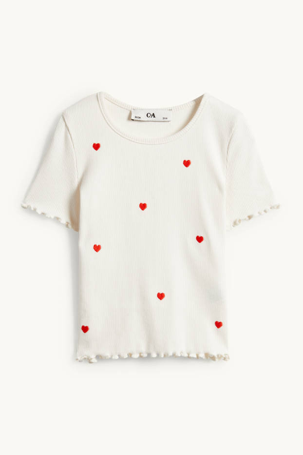 Bambine - Cuore - maglia a maniche corte - a coste - bianco crema