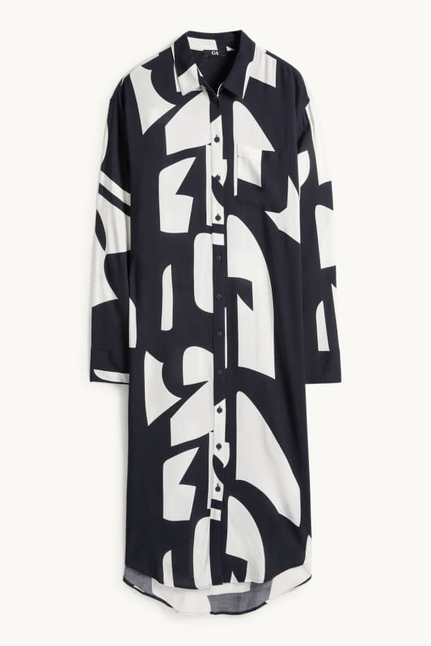 Damen - Viskose-Blusenkleid - gemustert - dunkelblau / weiß