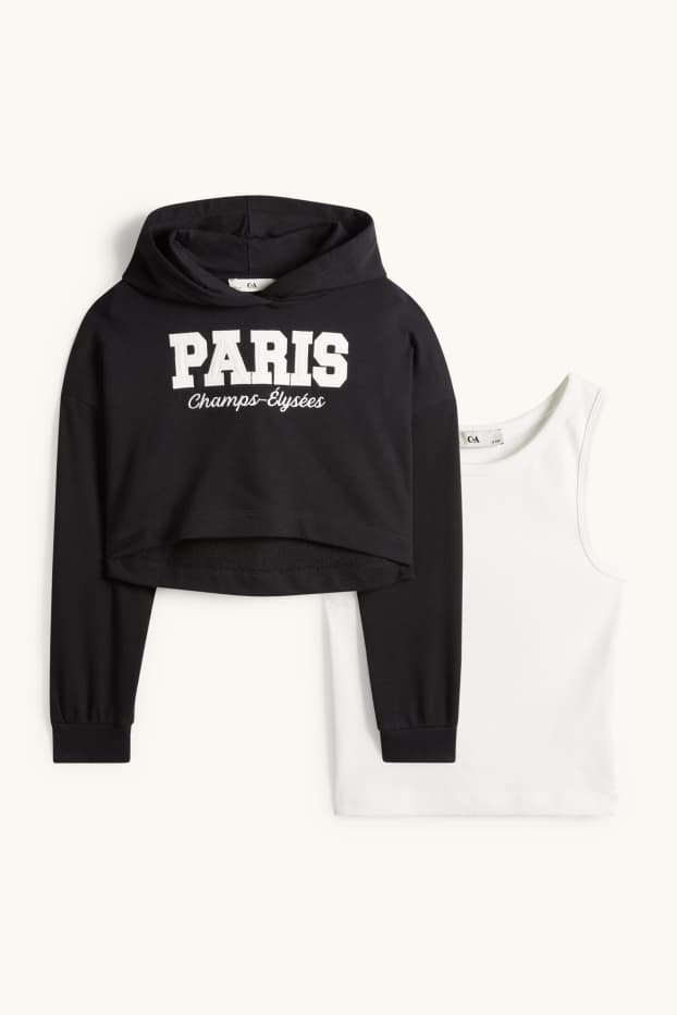 Children Girls - Paris - set - hoodie and top - 2 piece - black / white