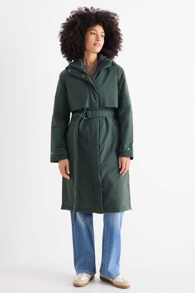Women - Coat with hood and belt - lined - water-repellent - dark green