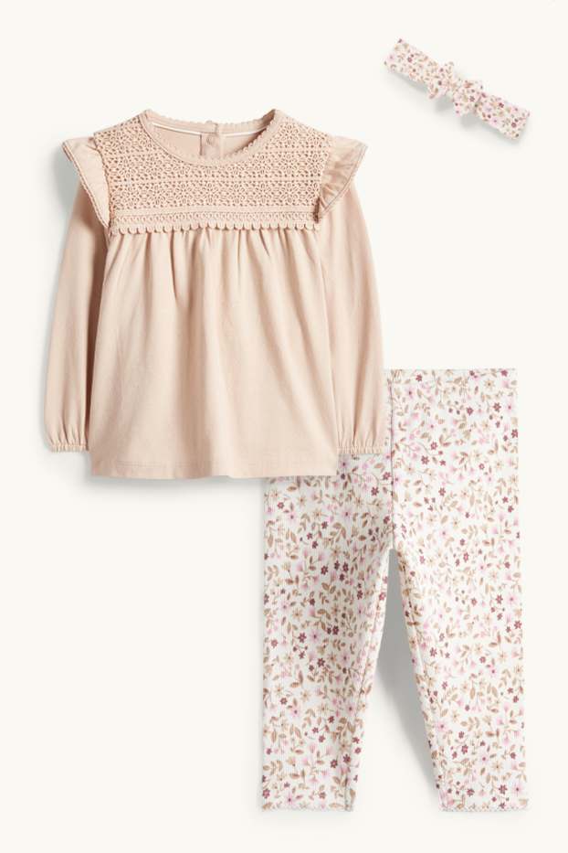 Baby Mädchen - Blümchen - Baby-Outfit - 3 teilig - beige