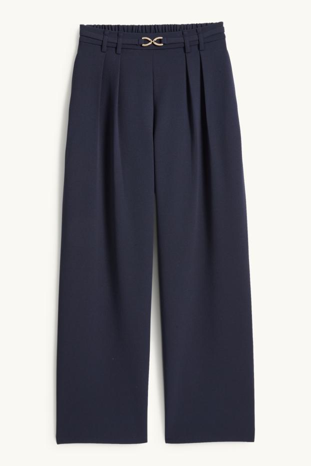 Women - Cloth trousers - high waist - wide leg - dark blue