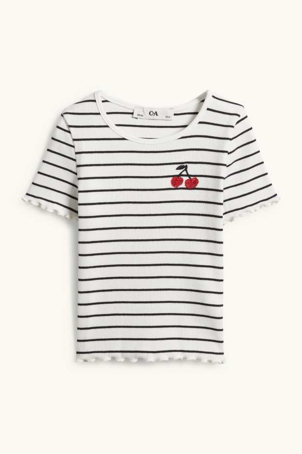 Kinder Mädchen - Kirsche - Kurzarmshirt - gerippt - gestreift - weiss