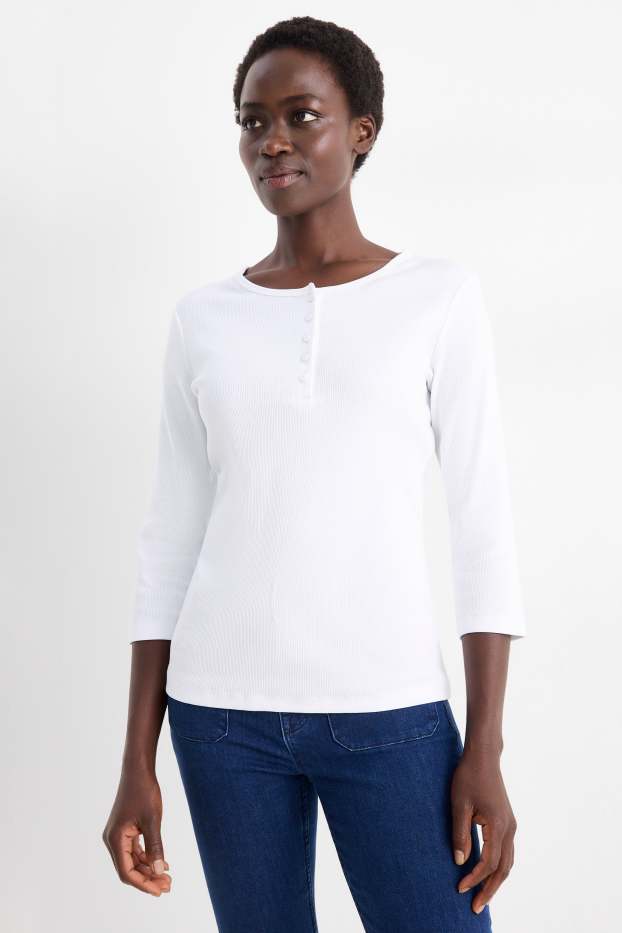 Dames - Henley-shirt - slim fit - ribstof - wit