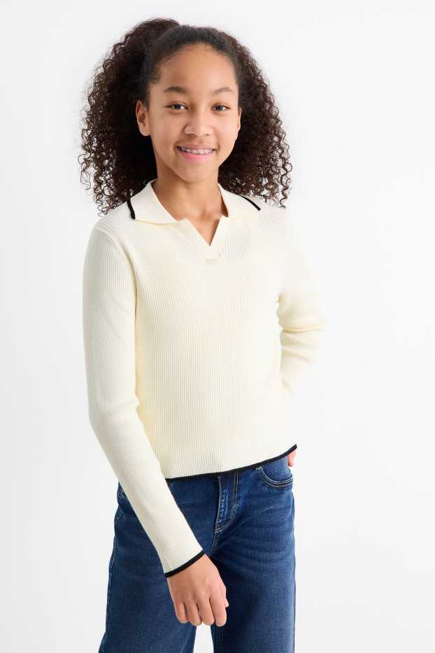 Enfants filles - Pull - côtelé - blanc crème