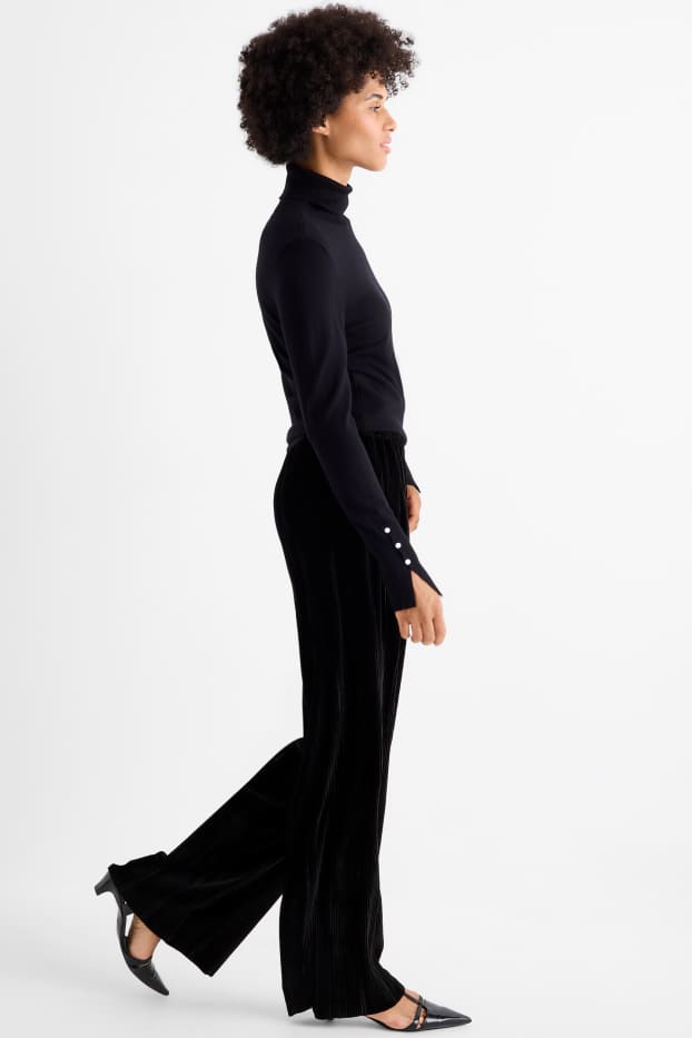 Donna - Pantaloni in velluto a pieghe - vita alta - gamba larga - nero