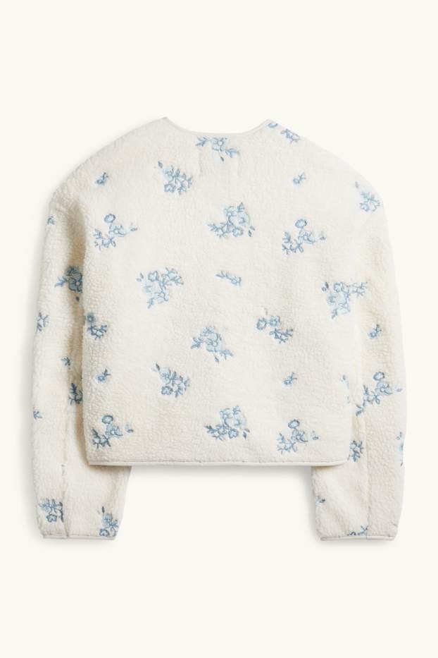 Femmes - Veste en peluche - à fleurs - blanc / bleu clair