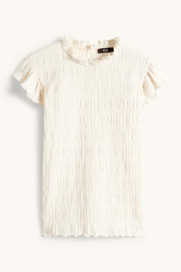 Femmes - T-shirt - regular fit - finition smockée - blanc crème