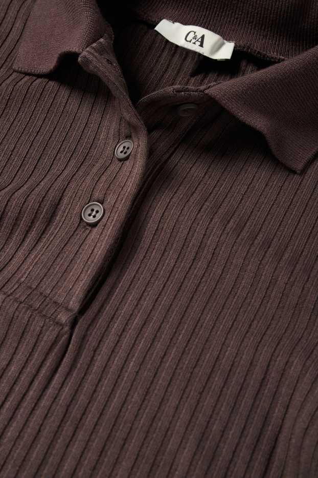 Women - Polo shirt - slim fit - ribbed - dark brown