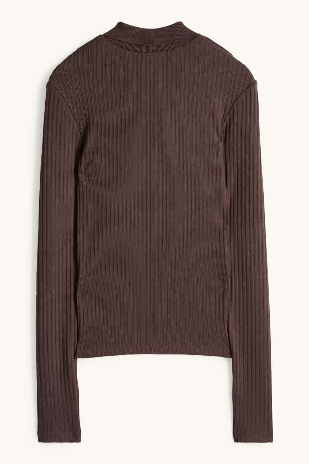 Women - Polo shirt - slim fit - ribbed - dark brown