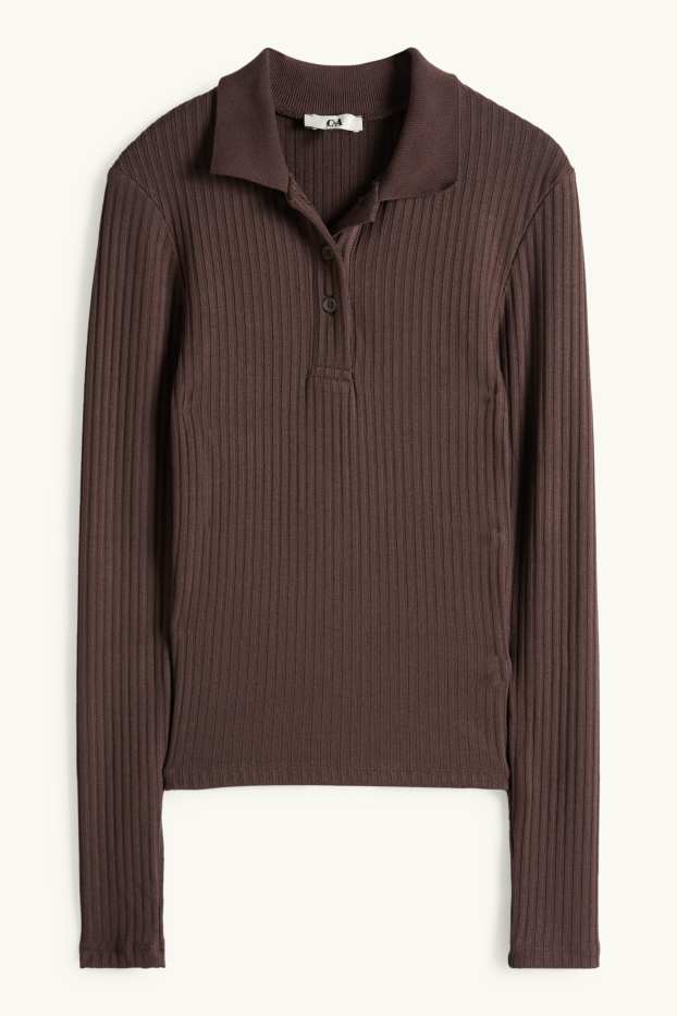 Women - Polo shirt - slim fit - ribbed - dark brown