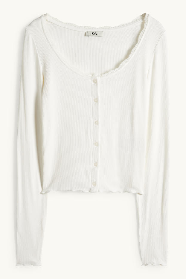 Femmes - Haut court à manches longues - regular fit - finition côtelée - blanc